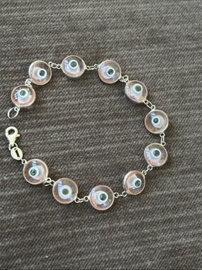 .925 Sterling Silver EVIL EYE BRACELET 7.75” Pink Green White. Ward off bad mojo